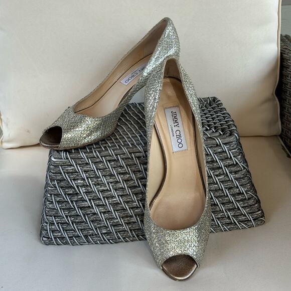 Jimmy Choo Isabel Glitter Peep Toe Pumps Shoes Size 7.5 US - Picture 1 of 12